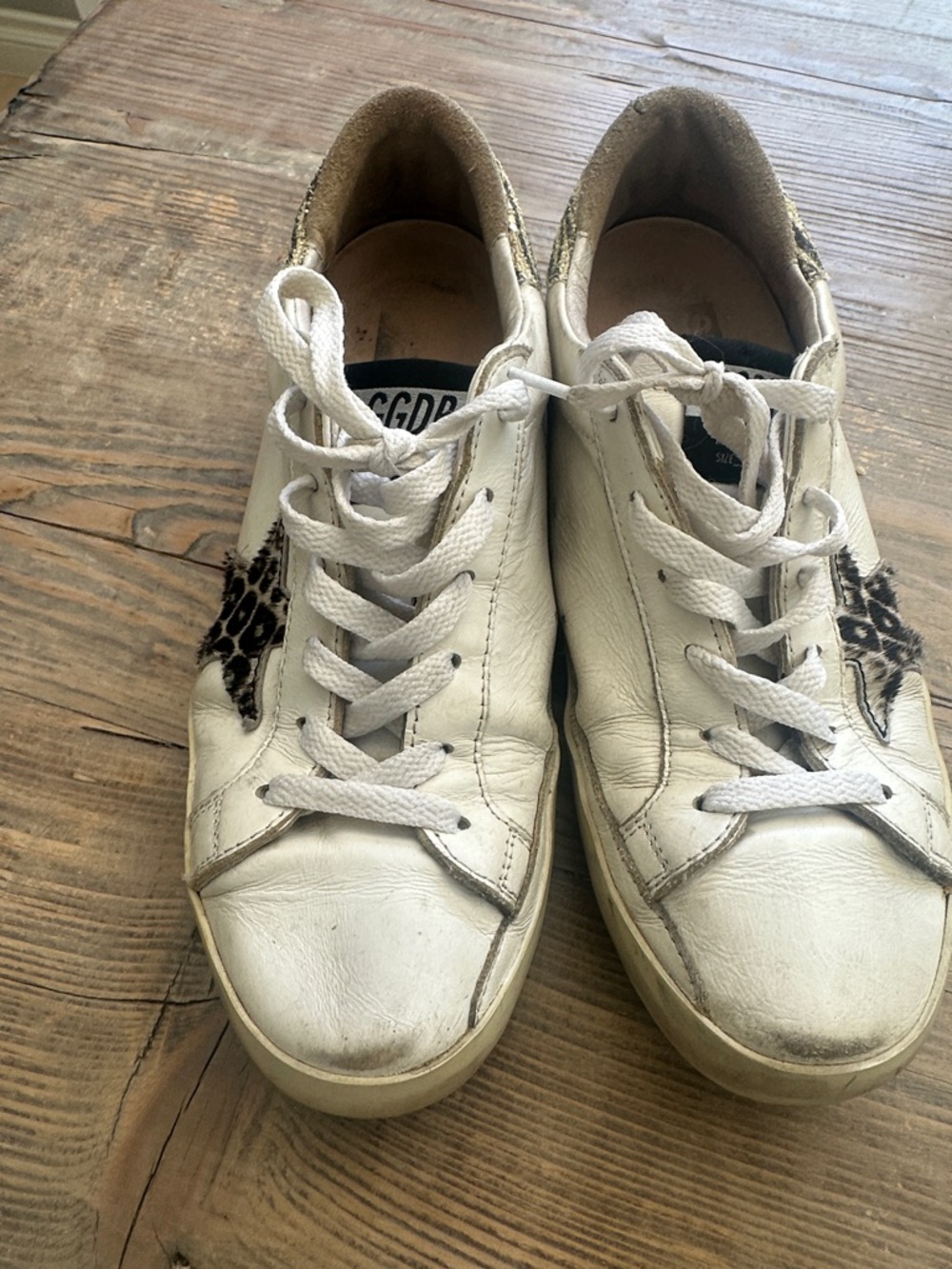 Golden Goose White Leather Sneakers with Leopard Star Detail and Gold Heel - Picture 2 of 12